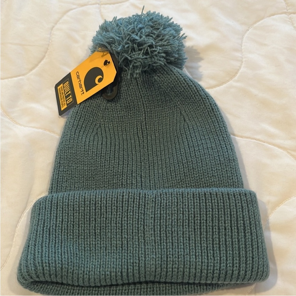 Cahartt Knit Pom Pom Cuffed Beanie Sea Pine Teal - Picture 4 of 5